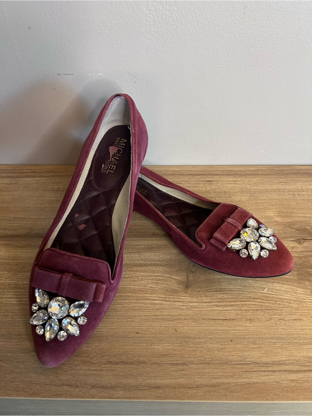 Michael Kors Wine Suede Pointed Ballet Flats with Crystal Brooch